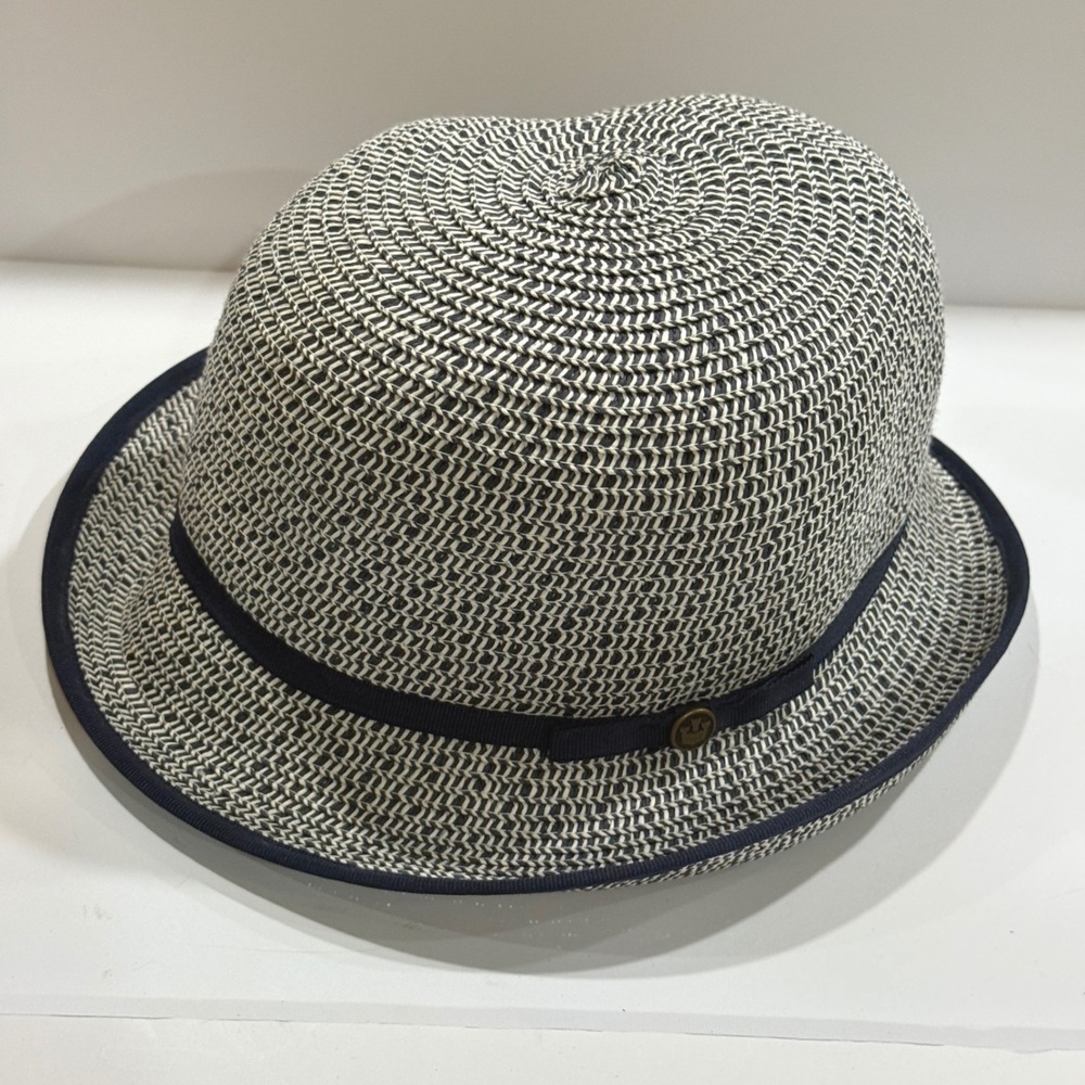 Goorin Bros Navy White Woven Straw Fedora Hat Small Logo Pin Summer Sun Hat